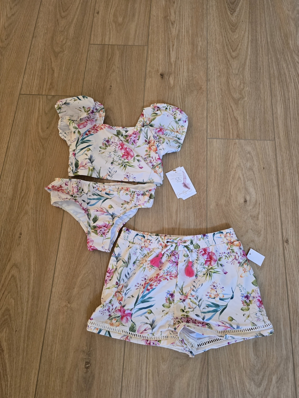 Jessica Simpson Girls Floral White Pink Green Bikini Set with Shorts